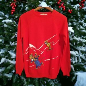 Vintage 70s Embroidered Sweater New Cyn Les Skiing Bear Pullover Shirlee Designs